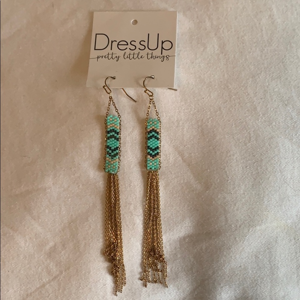 Blue beaded fringe earrings